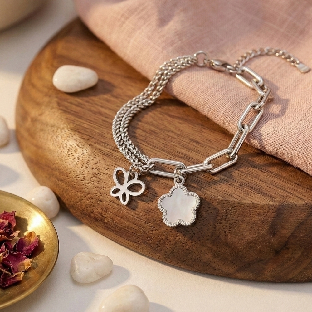 18K White Gold Plated Stainless Steel Butterfly Flower Charm Link Bracelet - Picture 11 of 11